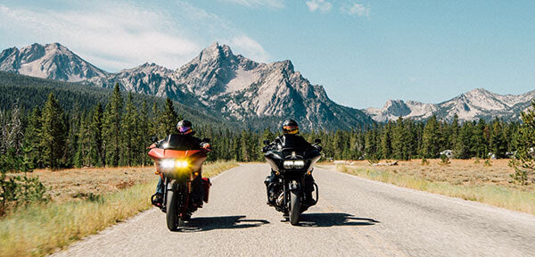 Two Harley-Davidson Road Glides riding down the road in front of mountains - mobile optimized